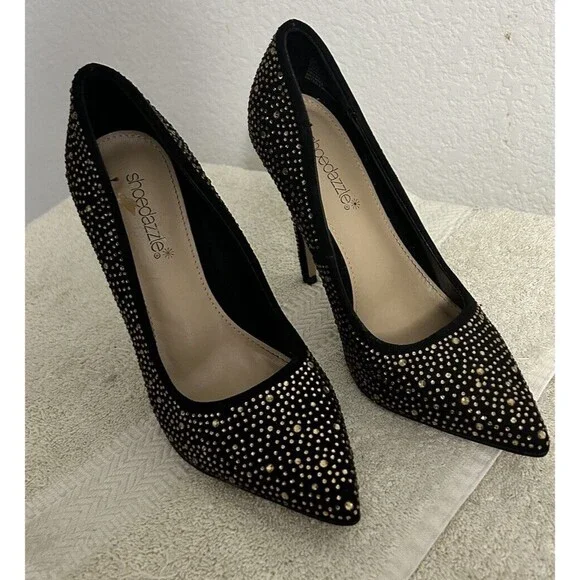 Shoedazzle Women's 6.5 Black with Gold Rhinestone Rochella Pumps Holiday - Picture 1 of 10